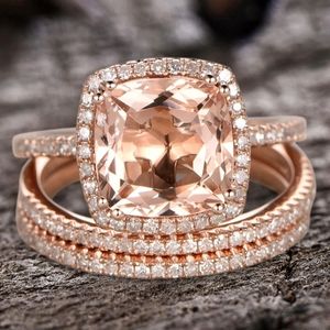 5.75 Carat Morganite 14K Rose Gold Bridal Ring Set - Size 8